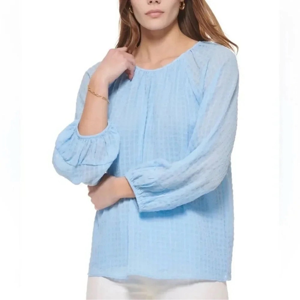 Calvin Klein Long Sleeve Baby Blue Print Chiffon Top - Picture 2 of 3